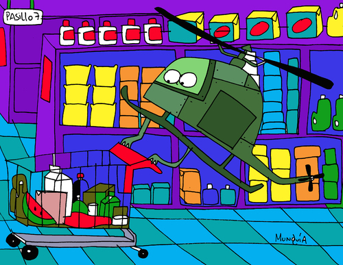 Cartoon: Shopper Chopper (medium) by Munguia tagged shopper,shopping,chopper,helicopter,mall,supermarket,market,munguia,calcamunguias,costa,rica,english