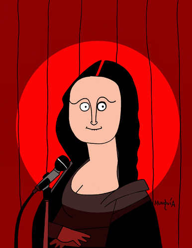 Cartoon: Stand up comedy (medium) by Munguia tagged stand,up,comedy,stage,show,mona,lisa,monalisa,davinci,leonardo,gioconda,microphone,light,spotlight,fun,cartoon,munguia,calcamunguias