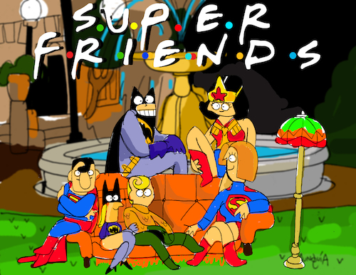 Cartoon: Super Friends (medium) by Munguia tagged super,friends,dc,heros,superman,fountain,batman,aquaman,wonderwoman,batgirl,supergirl,tv,show,parodies,parody