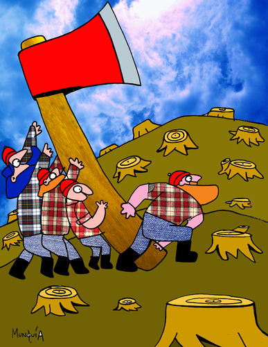 Cartoon: The rise of the axe (medium) by Munguia tagged of,rise,parodies,parody,calcamunguias,grafico,humor,caricatura,cartoon,rica,costa,tree,woods,lumber,lumberjack,axe,wrong,bad,jima,iwo,sad,munguia,the,flag