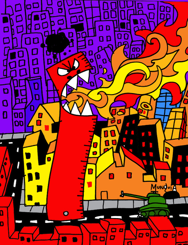 Cartoon: The Ruler Rules (medium) by Munguia tagged ruler,rules,rule,city,godzilla,attack,monster,mounstro,monstruo,dragon,fire,fuego,tank,dorival