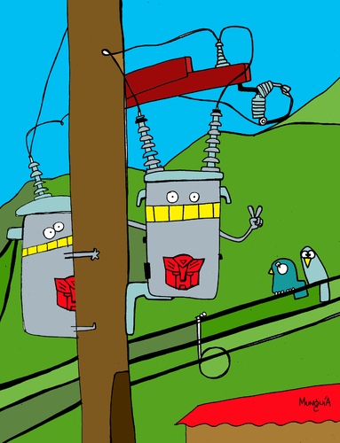 Cartoon: Transformers (medium) by Munguia tagged electric,transformer,urban,post,pole,munguia,transformador,electrico,urbano,costa,rica,humor,grafico,tico,caricatura,parodia,robots,tech