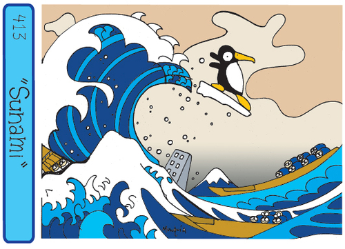 Cartoon: Tsunami - basado en Hokusai (medium) by Munguia tagged munguia,tormentoso,mar,big,wave,tsunami,hokusai,parodies,paintings,famous,pinguino