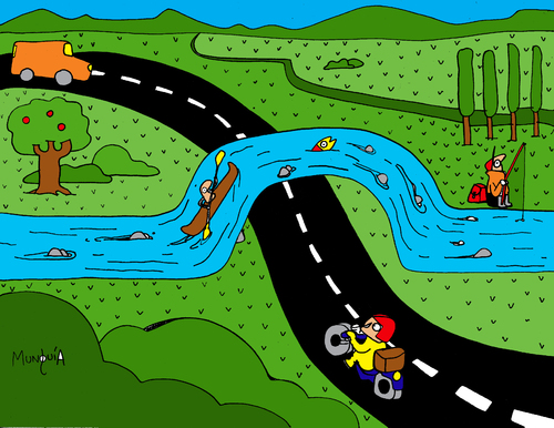 Cartoon: Water Bridge (medium) by Munguia tagged water,bridge,road,landscape,paisaje,land,canoe,canoa,country,munguia,costa,rica,humor,caricatura,grafico