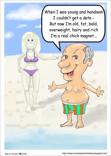 Cartoon: Magnetic Money (medium) by mdouble tagged old,humor,cartoon,funny,fun,joke,bald,fat,rich,guy,wealth,wealthy,love,man,woman,money,attraction,attractive,beach,bathind,suite,bikini,