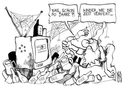 Cartoon: 50 Jahre Bundesliga (medium) by Kostas Koufogiorgos tagged jubiläum,fussball,bundesliga,50,michel,sportschau,fernseher,sport,karikatur,kostas,koufogiorgos,bundesliga,fussball,jubiläum,50,michel,sportschau,fernseher,sport,karikatur,kostas,koufogiorgos