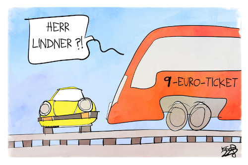 Cartoon: 9-Euro-Ticket (medium) by Kostas Koufogiorgos tagged karikatur,koufogiorgos,lindner,porsche,hindernis,zug,gleis,ticket,karikatur,koufogiorgos,lindner,porsche,hindernis,zug,gleis,ticket