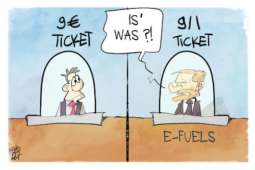 Cartoon: 9 Euro-Ticket vs. 911-Ticket (medium) by Kostas Koufogiorgos tagged karikatur,koufogiorgos,euro,lindner,porsche,bahn,ticket,auto,lobbyismus,karikatur,koufogiorgos,euro,lindner,porsche,bahn,ticket,auto,lobbyismus