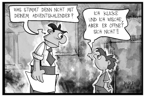 Cartoon: Adventskalender 2.0 (medium) by Kostas Koufogiorgos tagged karikatur,koufogiorgos,illustration,cartoon,vater,kind,adventskalender,digital,weihnachtszeit,missverständnis,bildung,karikatur,koufogiorgos,illustration,cartoon,vater,kind,adventskalender,digital,weihnachtszeit,missverständnis,bildung