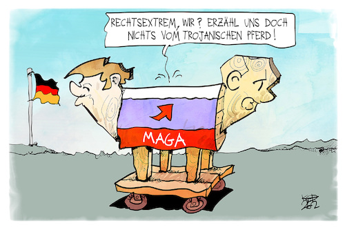 Cartoon: AfD (medium) by Kostas Koufogiorgos tagged karikatur,koufogiorgos,afd,rechtsextrem,maga,trump,putin,pferd,trojanisch,karikatur,koufogiorgos,afd,rechtsextrem,maga,trump,putin,pferd,trojanisch