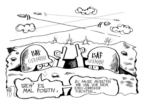 Cartoon: Afghanistan  EHEC (medium) by Kostas Koufogiorgos tagged bundeswehr,isaf,krieg,afghanistan,einsatz,soldat,ehec,erreger,krankheit