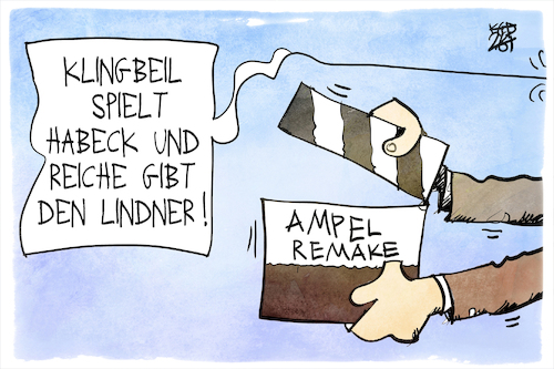 Cartoon: Ampel Remake (medium) by Kostas Koufogiorgos tagged karikatur,koufogiorgos,ampel,remake,film,klappe,klingbeil,habeck,reiche,lindner,karikatur,koufogiorgos,ampel,remake,film,klappe,klingbeil,habeck,reiche,lindner