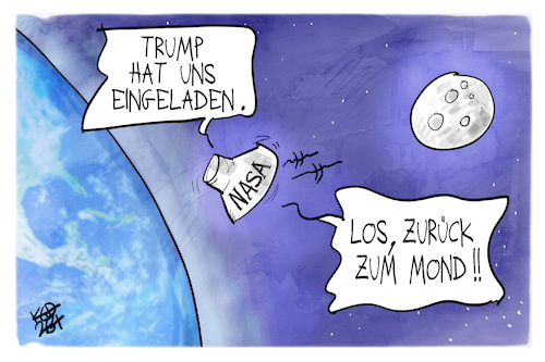 Cartoon: Artemis II (medium) by Kostas Koufogiorgos tagged karikatur,koufogiorgos,mond,trump,artemis,nasa,orion,einladung,raumfahrt,karikatur,koufogiorgos,mond,trump,artemis,nasa,orion,einladung,raumfahrt