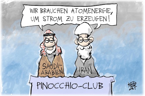 Cartoon: Atom-Abkommen (medium) by Kostas Koufogiorgos tagged karikatur,koufogiorgos,saudi,arabien,pinocchio,club,iran,abkommen,strom,energie,karikatur,koufogiorgos,saudi,arabien,pinocchio,club,iran,abkommen,strom,energie