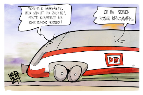 Cartoon: Bahn-Mitarbeiter erhalten Boni (medium) by Kostas Koufogiorgos tagged karikatur,koufogiorgos,bonus,freibier,geld,lokführer,karikatur,koufogiorgos,bonus,freibier,geld,lokführer