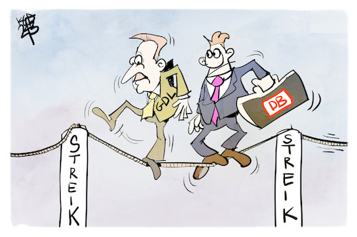 Cartoon: Bahn-Tarifverhandlungen (medium) by Kostas Koufogiorgos tagged karikatur,koufogiorgos,bahn,gdl,seiltanz,balance,weselsky,karikatur,koufogiorgos,bahn,gdl,seiltanz,balance,weselsky