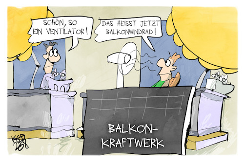 Cartoon: Balkonkraftwerk (medium) by Kostas Koufogiorgos tagged karikatur,koufogiorgos,balkon,kraftwerk,ventilator,windrad,solar,karikatur,koufogiorgos,balkon,kraftwerk,ventilator,windrad,solar