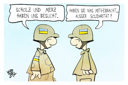 Cartoon: Besuche in der Ukraine (medium) by Kostas Koufogiorgos tagged karikatur,koufogiorgos,ukraine,besuch,solidarität,militär,soldat,karikatur,koufogiorgos,ukraine,besuch,solidarität,militär,soldat