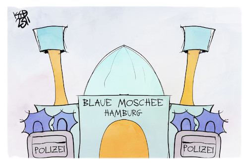 Cartoon: Blaue Moschee (medium) by Kostas Koufogiorgos tagged karikatur,koufogiorgos,izh,hamburg,moschee,razzia,islam,karikatur,koufogiorgos,izh,hamburg,moschee,razzia,islam