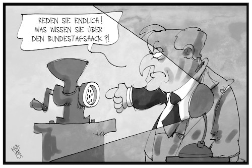 Cartoon: Bundestagshack (medium) by Kostas Koufogiorgos tagged karikatur,koufogiorgos,illustration,cartoon,seehofer,hack,cyber,hackfleisch,it,angriff,aufklärung,verhör,karikatur,koufogiorgos,illustration,cartoon,seehofer,hack,cyber,hackfleisch,it,angriff,aufklärung,verhör