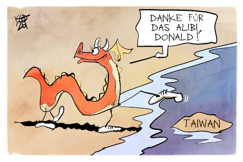 Cartoon: China und Taiwan (medium) by Kostas Koufogiorgos tagged karikatur,koufogiorgos,china,taiwan,trump,alibi,überfall,karikatur,koufogiorgos,china,taiwan,trump,alibi,überfall