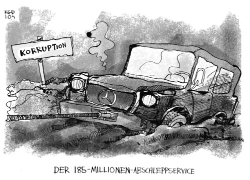Cartoon: Daimlers Korruptionssumpf (medium) by Kostas Koufogiorgos tagged daimler,usa,korruption,mercedes,sumpf,gericht,strafe,urteil,bestechung,wirtschaft