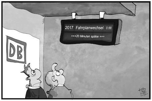 Cartoon: DB-Fahrplanwechsel (medium) by Kostas Koufogiorgos tagged karikatur,koufogiorgos,illustration,cartoon,db,bahn,fahrplan,wechsel,verspätung,fahrgast,passagier,infrastruktur,panne,pünklichkeit,karikatur,koufogiorgos,illustration,cartoon,db,bahn,fahrplan,wechsel,verspätung,fahrgast,passagier,infrastruktur,panne,pünklichkeit