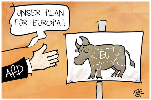 Cartoon: Der Plan der AfD für Europa (medium) by Kostas Koufogiorgos tagged karikatur,koufogiorgos,afd,europa,stier,metzger,schlachter,partei,der,karikatur,koufogiorgos,afd,europa,stier,metzger,schlachter,partei