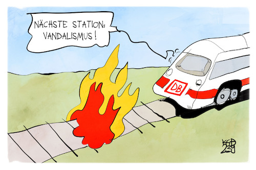 Cartoon: Deutsche Bahn (medium) by Kostas Koufogiorgos tagged karikatur,koufogiorgos,bahn,vandalismus,feuer,brand,brandstiftung,karikatur,koufogiorgos,bahn,vandalismus,feuer,brand,brandstiftung
