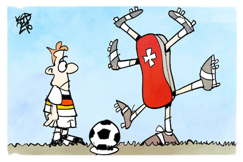 Cartoon: Deutschland - Schweiz (medium) by Kostas Koufogiorgos tagged karikatur,koufogiorgos,schweiz,deutschland,messer,fußball,em,karikatur,koufogiorgos,schweiz,deutschland,messer,fußball,em