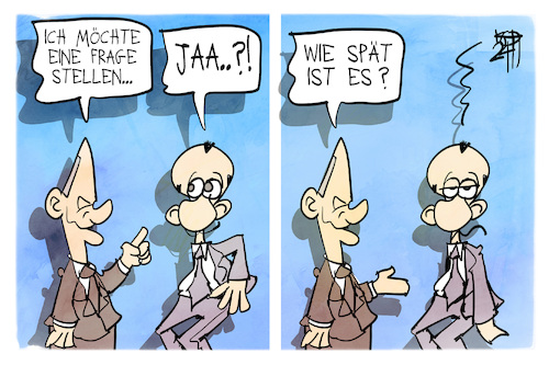 Cartoon: Die Frage (medium) by Kostas Koufogiorgos tagged karikatur,koufogiorgos,scholz,frage,merz,vertrauensfrage,zeit,uhr,karikatur,koufogiorgos,scholz,frage,merz,vertrauensfrage,zeit,uhr