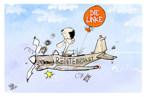 Cartoon: Die Linke rettet das Rentenpaket (medium) by Kostas Koufogiorgos tagged karikatur,koufogiorgos,merz,flugzeug,linke,ballon,rettung,karikatur,koufogiorgos,merz,flugzeug,linke,ballon,rettung