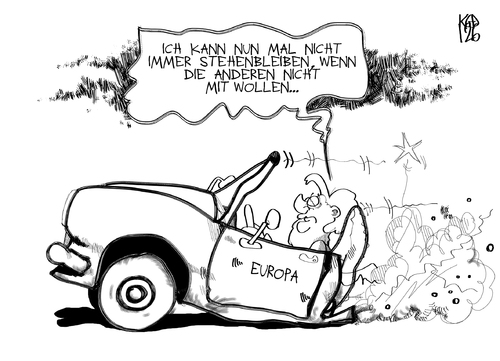Cartoon: Die zwei Europas (medium) by Kostas Koufogiorgos tagged schulden,euro,union,europäische,eu,geschwindigkeit,auto,europa,merkel,krise,karikatur,kostas,koufogiorgos,merkel,auto,europa,eu