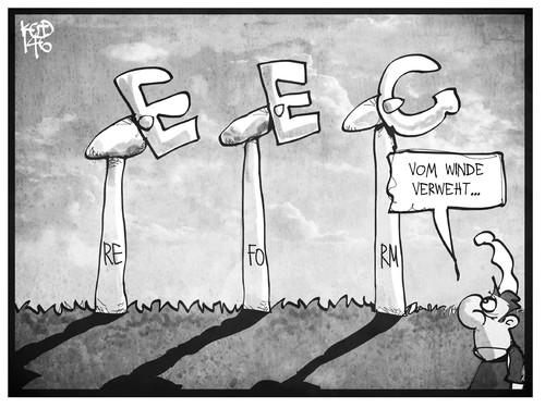 Cartoon: EEG-Reform (medium) by Kostas Koufogiorgos tagged karikatur,koufogiorgos,illustration,eeg,reform,ökostrom,energiewende,windrad,umwelt,politik,michel,karikatur,koufogiorgos,illustration,eeg,reform,ökostrom,energiewende,windrad,umwelt,politik,michel