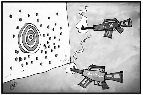 Cartoon: EEG-Reform (medium) by Kostas Koufogiorgos tagged karikatur,koufogiorgos,illustration,cartoon,eeg,g36,gewehr,zielen,zielscheibe,verfehlen,waffe,energie,wende,reform,strompreis,wirtschaft,karikatur,koufogiorgos,illustration,cartoon,eeg,g36,gewehr,zielen,zielscheibe,verfehlen,waffe,energie,wende,reform,strompreis,wirtschaft