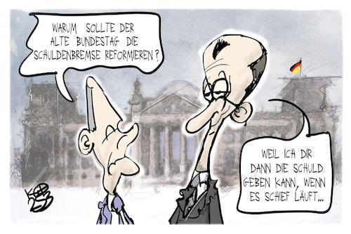 Cartoon: Entscheidungen im Bundestag (medium) by Kostas Koufogiorgos tagged karikatur,koufogiorgos,bundestag,scholz,merz,schuldenbremse,karikatur,koufogiorgos,bundestag,scholz,merz,schuldenbremse