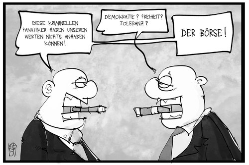 Cartoon: Es lebe die Börse (medium) by Kostas Koufogiorgos tagged karikatur,koufogiorgos,illustration,cartoon,paris,terror,demokratie,freiheit,toleranz,börse,geld,manager,kapital,fanatiker,wirtschaft,märkte,karikatur,koufogiorgos,illustration,cartoon,paris,terror,demokratie,freiheit,toleranz,börse,geld,manager,kapital,fanatiker,wirtschaft,märkte