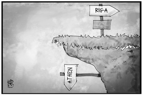 Cartoon: EU-Gipfel Riga (medium) by Kostas Koufogiorgos tagged karikatur,koufogiorgos,illustration,cartoon,riga,eu,gipfel,athen,griechenland,weg,wegweiser,richtung,aussichten,klippe,absturz,abgrund,europa,politik,karikatur,koufogiorgos,illustration,cartoon,riga,eu,gipfel,athen,griechenland,weg,wegweiser,richtung,aussichten,klippe,absturz,abgrund,europa,politik