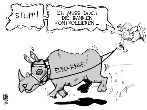 Cartoon: Euro- und Bankenkrise (medium) by Kostas Koufogiorgos tagged krise,schulden,euro,koufogiorgos,kostas,rhinozeross,karikatur,wirtschaft,merkel,banken,euro,schulden,krise,banken,merkel