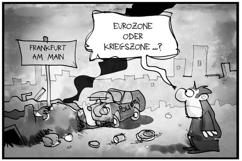 Cartoon: Euro-Kriegszone (medium) by Kostas Koufogiorgos tagged karikatur,koufogiorgos,illustration,cartoon,eurozone,kriegszone,frankfurt,blockupy,vandalismus,protest,ezb,karikatur,koufogiorgos,illustration,cartoon,eurozone,kriegszone,frankfurt,blockupy,vandalismus,protest,ezb