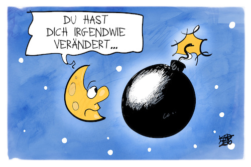 Cartoon: Explosiver Planet (medium) by Kostas Koufogiorgos tagged karikatur,koufogiorgos,erde,mond,bombe,explosiv,pulverfass,karikatur,koufogiorgos,erde,mond,bombe,explosiv,pulverfass