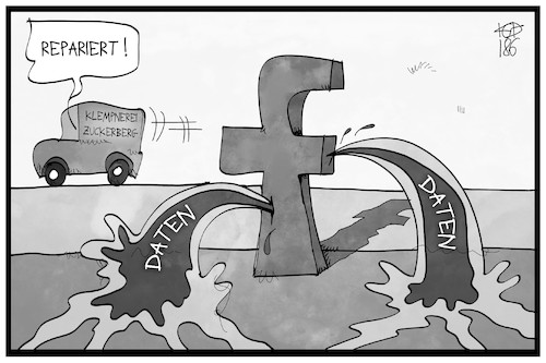 Cartoon: Facebook-Datenleck (medium) by Kostas Koufogiorgos tagged karikatur,koufogiorgos,illustration,cartoon,facebook,daten,datenskandal,reparatur,zuckerberg,internet,soziale,medien,karikatur,koufogiorgos,illustration,cartoon,facebook,daten,datenskandal,reparatur,zuckerberg,internet,soziale,medien