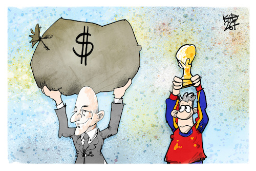 Cartoon: FIFA-WM (medium) by Kostas Koufogiorgos tagged karikatur,koufogiorgos,fifa,infantino,wm,pokal,geld,weltmeister,karikatur,koufogiorgos,fifa,infantino,wm,pokal,geld,weltmeister