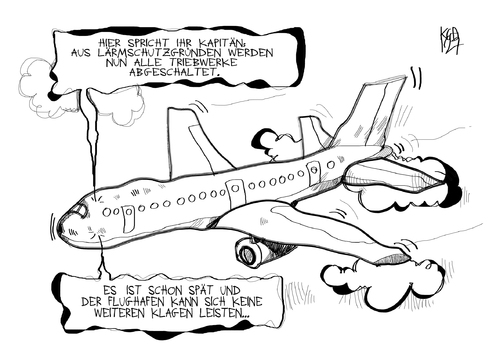 Cartoon: Fluglärm (medium) by Kostas Koufogiorgos tagged flughafen,lärm,anwohner,flugzeug,klage,verkehr,umwelt,karikatur,kostas,koufogiorgos,flughafen,lärm,anwohner,flugzeug,umwelt,verkehr