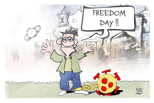 Cartoon: Freedom Day (medium) by Kostas Koufogiorgos tagged karikatur,koufogiorgos,freedomday,corona,infektionsschutzgesetz,virus,pandemie,karikatur,koufogiorgos,freedomday,corona,infektionsschutzgesetz,virus,pandemie