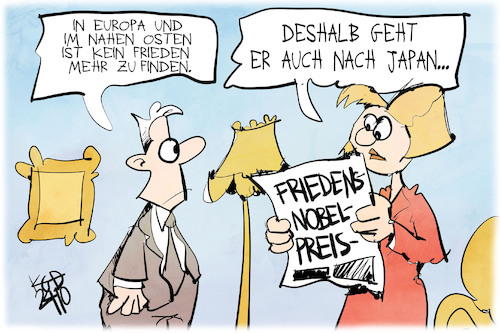 Cartoon: Friedensnobelpreis (medium) by Kostas Koufogiorgos tagged karikatur,koufogiorgos,friedensnobelpreis,europa,nahost,karikatur,koufogiorgos,friedensnobelpreis,europa,nahost