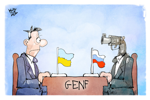 Cartoon: Friedensverhandlungen in Genf (medium) by Kostas Koufogiorgos tagged karikatur,koufogiorgos,ukraine,russland,pistole,verhandlung,genf,krieg,karikatur,koufogiorgos,ukraine,russland,pistole,verhandlung,genf,krieg