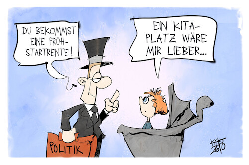 Cartoon: Frühstartrente (medium) by Kostas Koufogiorgos tagged karikatur,koufogiorgos,kind,politik,rente,frühstart,kita,bildung,geld,karikatur,koufogiorgos,kind,politik,rente,frühstart,kita,bildung,geld