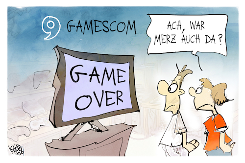 Cartoon: Gamescom (medium) by Kostas Koufogiorgos tagged karikatur,koufogiorgos,gamescom,messe,merz,game,over,regierung,karikatur,koufogiorgos,gamescom,messe,merz,game,over,regierung