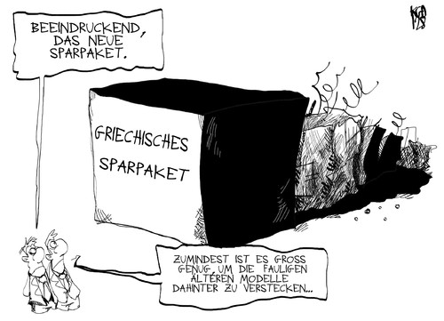 Cartoon: Griechische Sparpakete (medium) by Kostas Koufogiorgos tagged griechenland,sparpaket,troika,euro,schulden,krise,europa,bankrott,rettungsschirm,karikatur,kostas,koufogiorgos